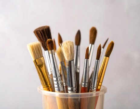 Group of assorted paintbrushes in a clear plastic holder - Powered by Adobe