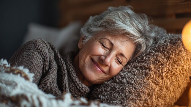A joyful elder woman peacefully sleeping on a cozy pillow, embracing comfort and tranquility in her home environment. - Powered by Adobe