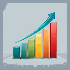 Colorful illustrative bar chart with an ascending pink arrow symbolizing business growth and success.