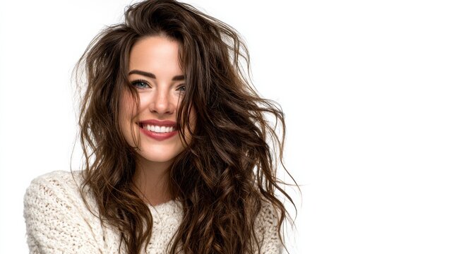 A joyful young woman with long, wavy hair smiling brightly against a white background, exuding confidence and happiness.