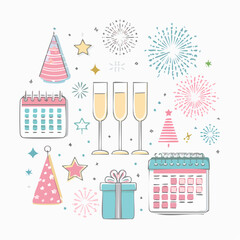 Handdrawn pastel celebration elements featuring champagne flutes party hats fireworks calendars and a gift box.