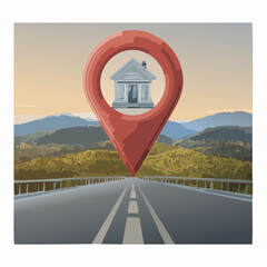 Home location map pin on a scenic road journey illustration.
