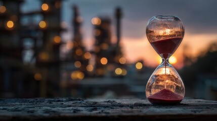 A modern hourglass captured at sunset, symbolizing time and reflection against a blurred industrial background.