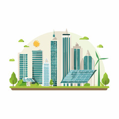 Sustainable Cityscape with Solar Panels and Wind Turbine.