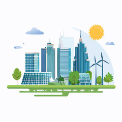Sustainable Cityscape with Solar Panels Wind Turbines and Modern Buildings.