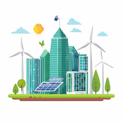 Sustainable Green City with Modern Buildings and Renewable Energy Sources.