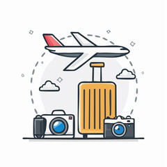 Travel Illustration with Airplane Suitcase and Cameras.