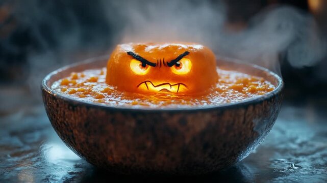 Angry Glowing Halloween Vegetable Face in a Steaming Bowl of Soup.