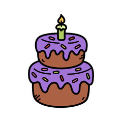 Two Tier Birthday Cake with Purple Icing and Green Candle on Transparent Background Isolated
