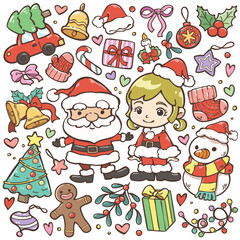 Cute cartoon ornaments related to Christmas. Christmas characters, Santa Claus, Santa girl, gift, Snowman, mistletoe and more. ideas for icons, labels, or digital decoration.
