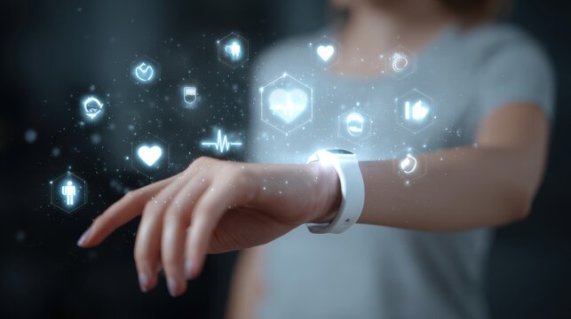 A person wearing a smartwatch displays interactive health icons, showcasing modern technology in daily life. - Powered by Adobe