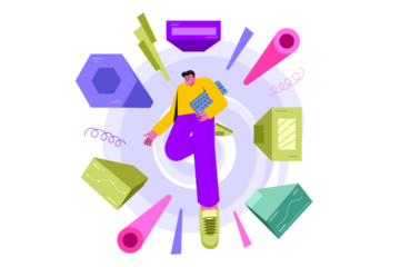 Vector Graphic of Figure in Yellow Shirt and Purple Pants Floating Among Geometric Shapes on Transparent Background Illustration