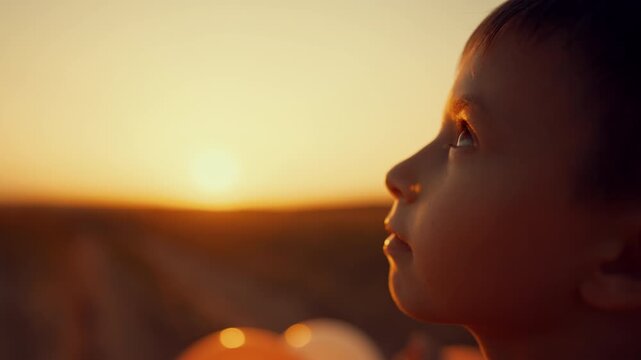 Little boy admiring sunset or sunrise in country, celebrate summer holidays. Cute child with balloons in hand looking to sky and dreaming, funny face of Caucasian kid in natural landscape, childhood