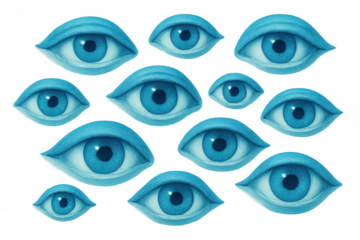 Many blue eyes watching, observing from above, an omnipresent watchful surveillance concept with transparent background