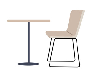 Minimalist flat vector illustration of a modern beige chair and round table with metal legs. Simple contemporary furniture design for interior, cafe, or workspace decor concepts