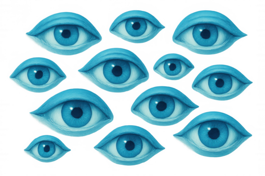 Many blue eyes watching, observing from above, an omnipresent watchful surveillance concept with transparent background