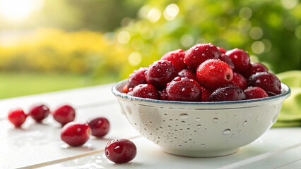 Cranberries in white bowl with water drop on surface in natural warm sunlight background