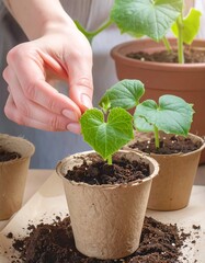 Woman planting cucumber seedlings in biodegradable pots