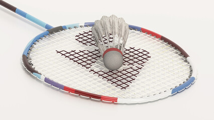 Badminton racket and shuttlecock isolated on white background. 3D illustration
