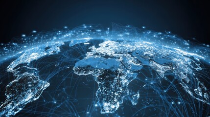 A stunning visual of a digital world map showcasing interconnected networks and illuminated cities.
