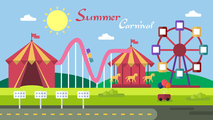 Vibrant Pixel Art Depicting a Summer Carnival with Tents Rollercoaster and Ferris Wheel Under a...