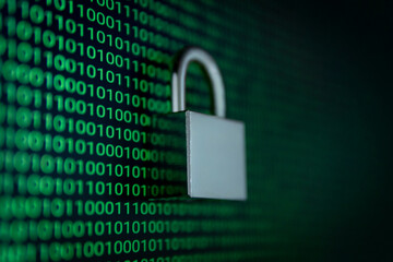 Cybersecurity concept with a padlock over binary code background, symbolizing data protection, encryption, and internet security in the digital world.