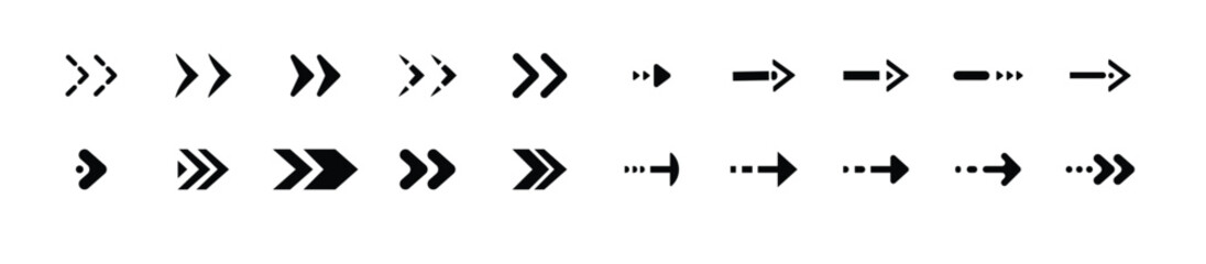 Modern simple arrows, Black arrow pointing to the right, Vector arrow. Set of modern and minimalist arrow icons in various shapes and directions for design use vector illustration.