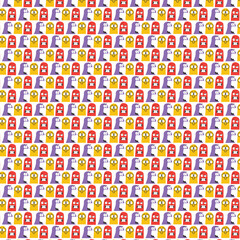 A vibrant, playful seamless pattern of quirky cartoon monsters. This whimsical background features a repeating grid of colorful one-eyed creatures, an imaginative design