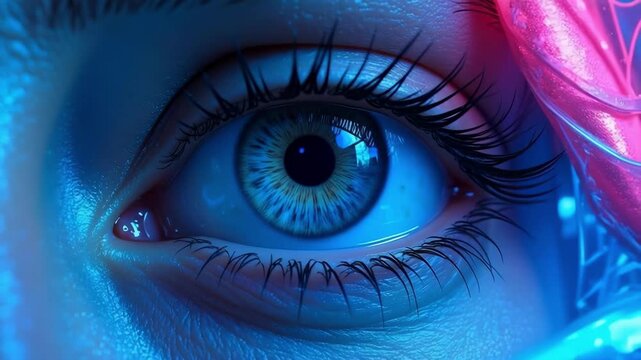 Futuristic Blue Eye with Neon Lighting Cyberpunk Style Eye Close-Up with Neon Blue and Pink Lighting &ndash; Futuristic Macro Visual