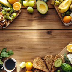 A wooden table with a variety of fruits and vegetables, including bananas, oranges, avocados, and grapes