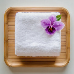 Hotel Welcome Gift Banner A minimal layout with a neatly rolled white towel with a tropical flower on top, placed on a bamboo tray. Warm wood tones, soft white and purple for the flowe