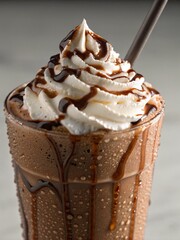 Decadent Chocolate Milkshake with Whipped Cream and Syrup Drizzle Close-up
Sweet and Cold Dessert Drink or Frappe Topped with Chocolate Sauce
Indulgent Creamy Beverage in a Glass with Condensation 