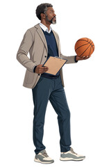 Professional African-American Basketball Coach with Ball and Clipboard
Confident Male Coach or Trainer Standing in Studio Full-Body Portrait
Focused Sports Mentor or Leader with a Clipboard 