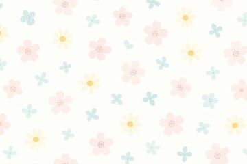 Seamless minimalist floral pattern background with small, scattered daisies and cherry blossoms in soft pastel shades