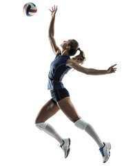 Dynamic Female Volleyball Player Spiking Ball Mid-Air in Studio
Athletic Woman Jumping and Hitting Volleyball, Isolated Action Shot
Powerful Female Athlete During Volleyball Attack, Full Body Jump