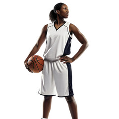 Confident Female Basketball Player Posing with Ball
African American Woman Athlete in White Uniform, Full Body Portrait
Professional Basketball Player Standing with Ball and Hands on Hips