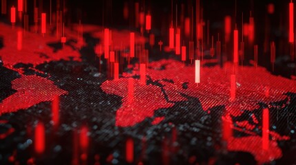 Abstract digital world map with red data spikes representing global connectivity and information flow.