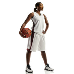 Confident Female Basketball Player Posing with Ball
African American Woman Athlete in White Uniform, Full Body Portrait
Professional Basketball Player Standing with Ball and Hands on Hips