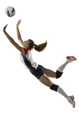 Dynamic Female Volleyball Player Diving for a Ball Save
Full-Body Shot of Woman Athlete in Mid-Air During Volleyball Action
Professional Volleyball Player Making a Defensive Dig or Bump