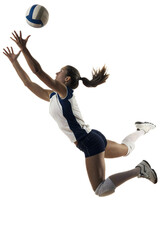 Dynamic Female Volleyball Player Diving for a Ball Save
Full-Body Shot of Woman Athlete in Mid-Air During Volleyball Action
Professional Volleyball Player Making a Defensive Dig or Bump