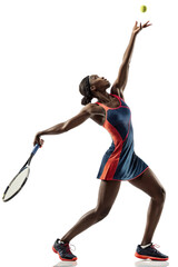 Dynamic African American Female Tennis Player Serving Ball
Professional Woman Athlete in Full-Body Action During Tennis Serve
Focused Black Woman Tossing Ball for a Powerful Tennis Serve