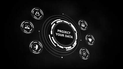 High-tech black interface with interactive security icons and customizable text area, perfect for showcasing digital protection, cybersecurity concepts, or tech-driven presentations. - Powered by Adobe