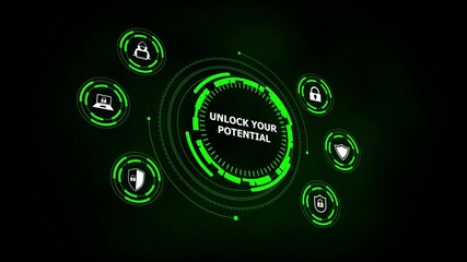 Futuristic digital interface with glowing green HUD elements displaying security icons such as locks, shields, and data nodes, emphasizing advanced cyber protection and network monitoring. - Powered by Adobe