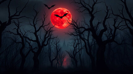 Spooky forest with full red moon and flying bats, Halloween horror background