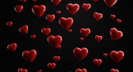 Glossy red hearts float against dark backdrop, varying in size and perspective
