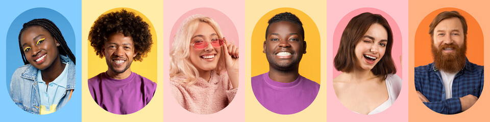 A group of individuals from various backgrounds smiles happily in a bright and colorful collage....