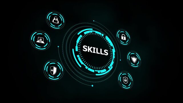 A futuristic digital interface prominently displaying the word “Skill,” surrounded by cybersecurity icons such as locks, shields, and network symbols, highlighting expertise in digital protection. - Powered by Adobe