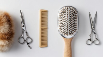 Pet Grooming Tools on White Background – Brush, Scissors, Comb