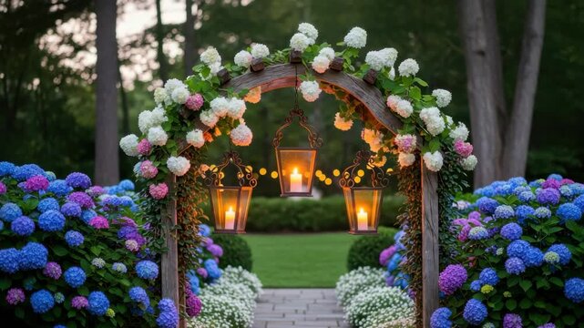 charming garden arch adorned with white and pink hydrangeas frames path lined by blue and purple hydrangea bushes Three antique lanterns with candles illuminate the evening leading to lush lawn and tr