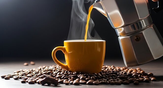 Freshly Brewed Hot Coffee Poured From A Moka Pot Into A Yellow Mug Surrounded By Roasted Beans - Powered by Adobe